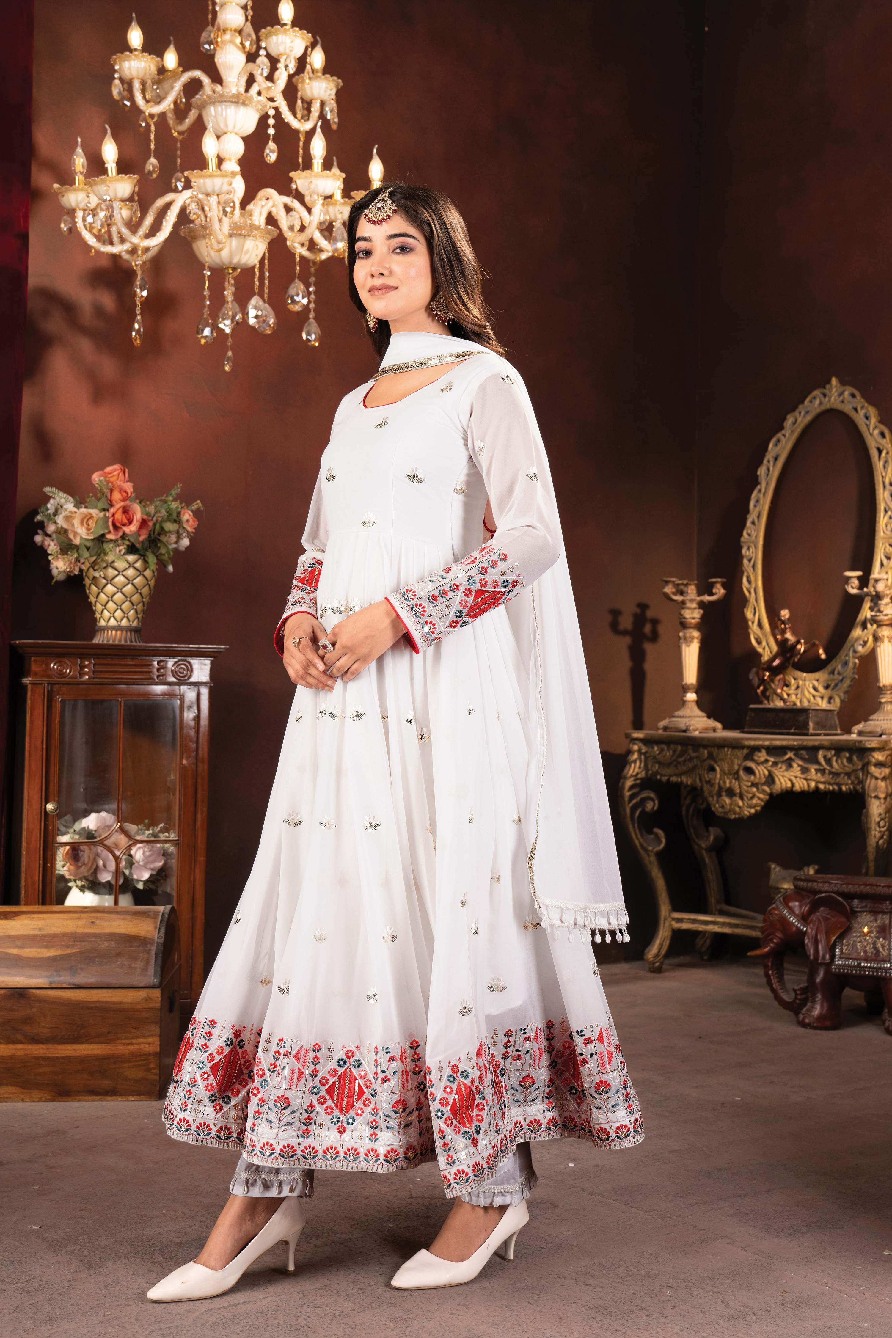 Yash Enterprise White Faux Blooming Embroidery Party Wear Suit Set - Distacart