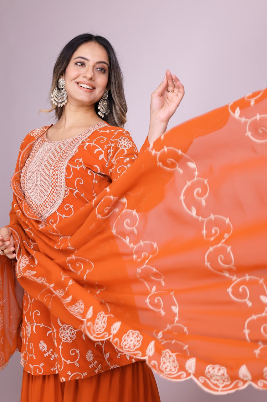 Yash Enterprise Orange Chinon Silk Party Wear Embroidery Suit Set - Distacart