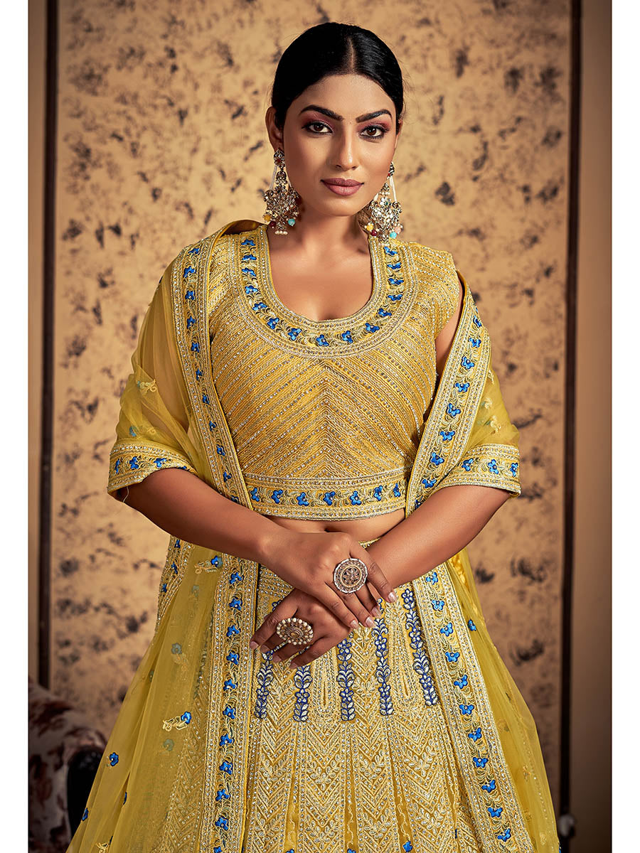 Myra Mustard Soft Net Heavy Embroidered Designer Lehenga