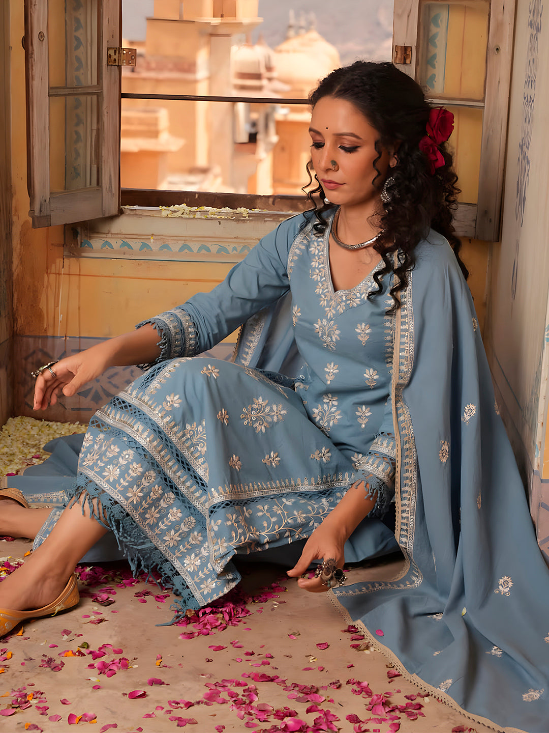 Embroidered & Lace Detailed Kurta With Pant & Embroidered Dupatta Luxury, Multicolor - Hiral Fashion - Distacart