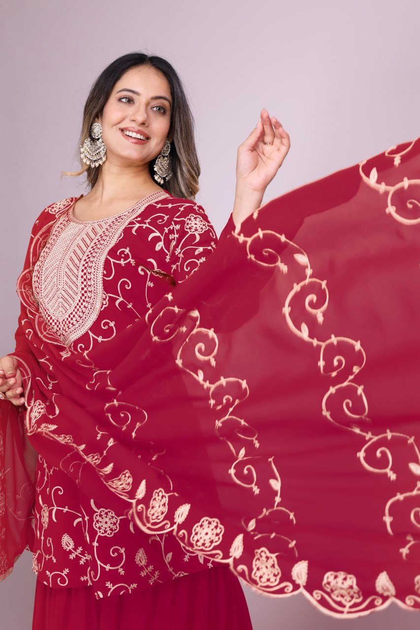 Yash Enterprise Maroon Chinon Silk Party Wear Embroidery Suit Set - Distacart
