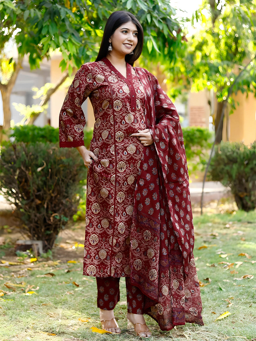 Hand Embroidered & Floral Printed Lace Detailed Kurta With Printed Pant & Dupatta Premium Luxury, Multicolor - Hiral Fashion