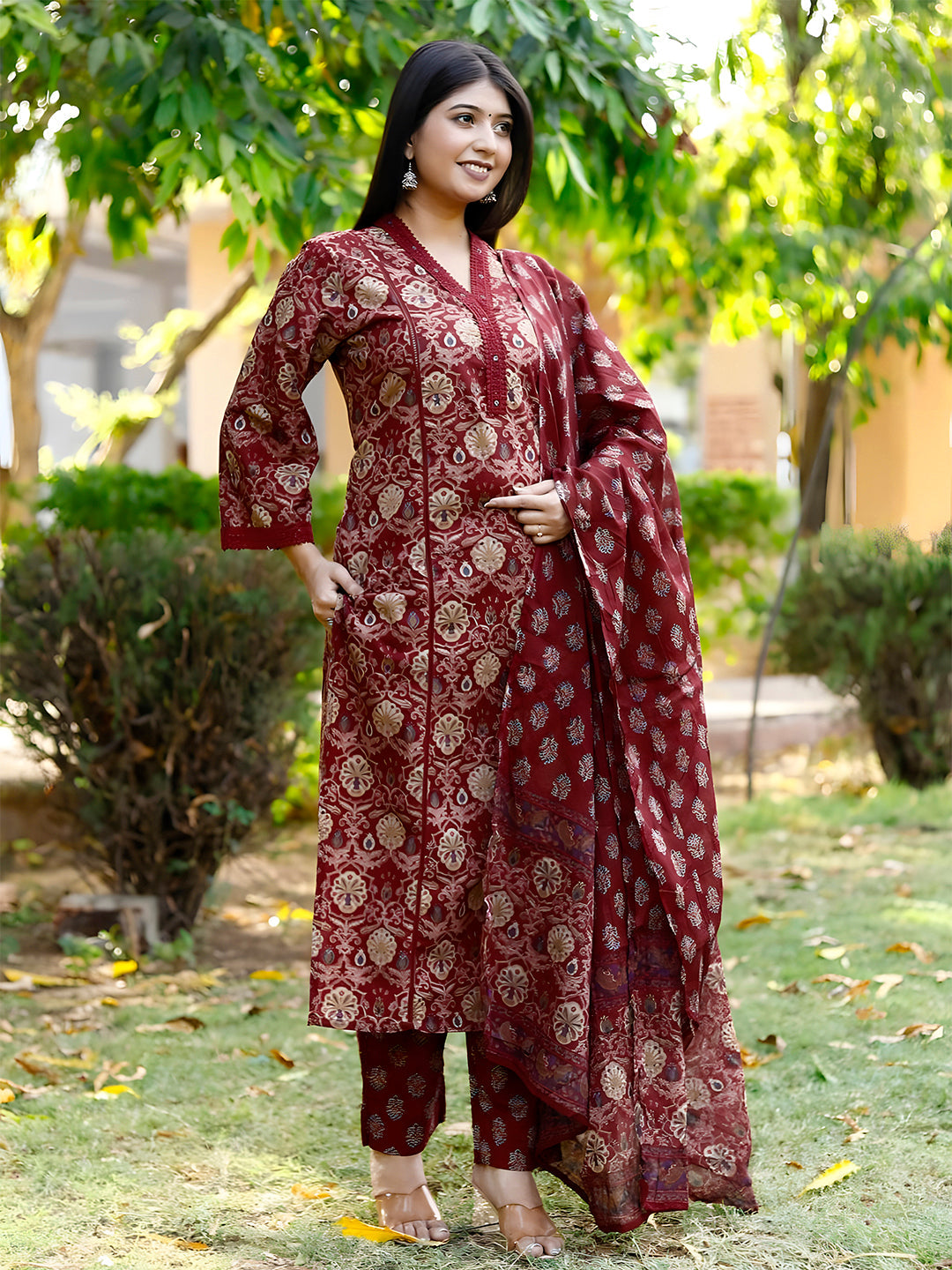 Hand Embroidered & Floral Printed Lace Detailed Kurta With Printed Pant & Dupatta Premium Luxury, Multicolor - Hiral Fashion