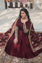 Yash Enterprise Dark Maroon Vichitra Shimmer With Rich Sequins Embroidered Work Party Wear Suit Set Stitched - Distacart