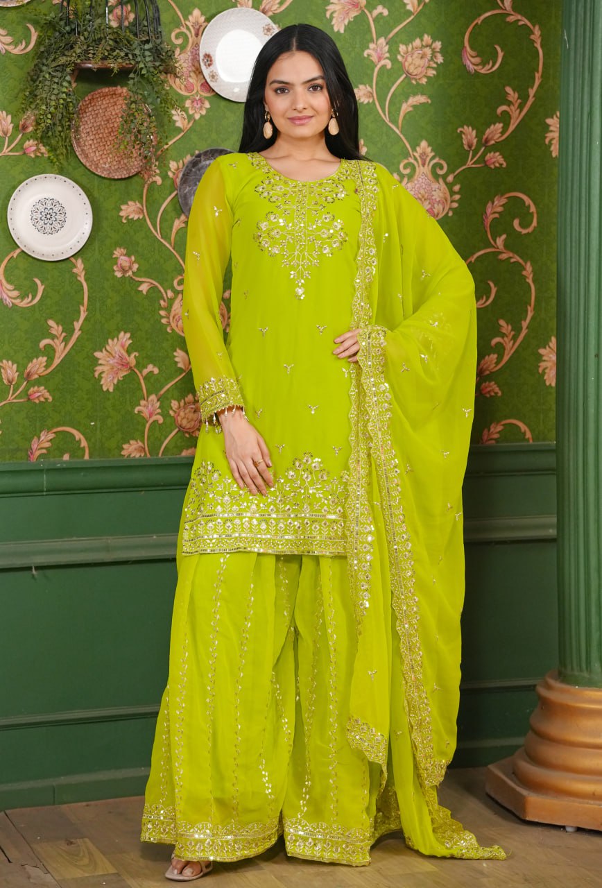 Yash Enterprise Green Georgette Party Wear Embroidery Party Wear Suit Set - Distacart