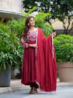 Yash Enterprise Maroon Chinon Silk Party Wear Embroidery Suit Set - Distacart