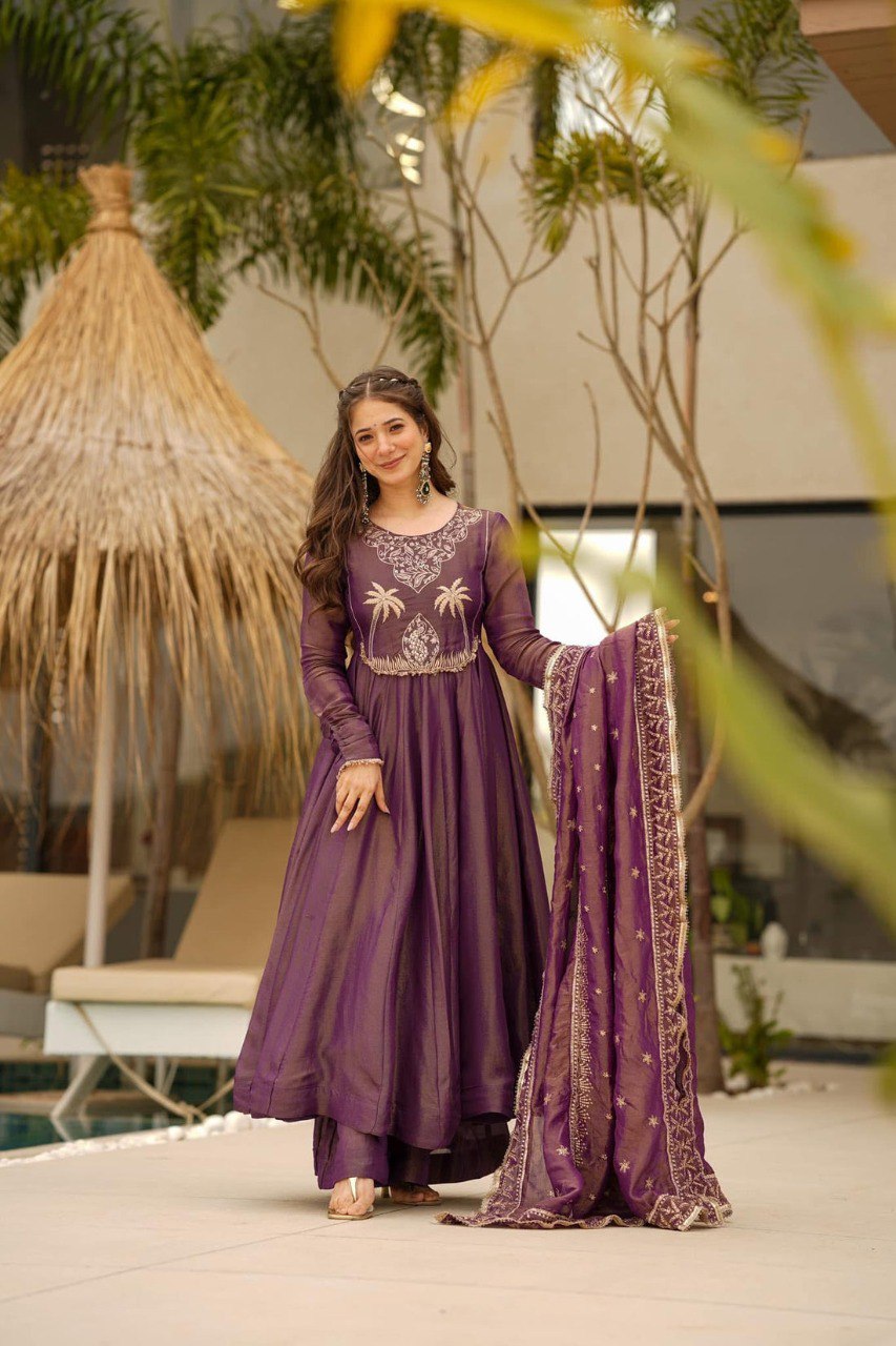 Yash Enterprise Purple Cosmo Silk Party Wear Ebroidery Suit Set - Distacart
