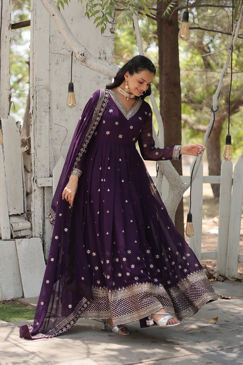 Yash Enterprise Purple Heavy Fux Blooming Embroidery Party Wear Suit - Distacart