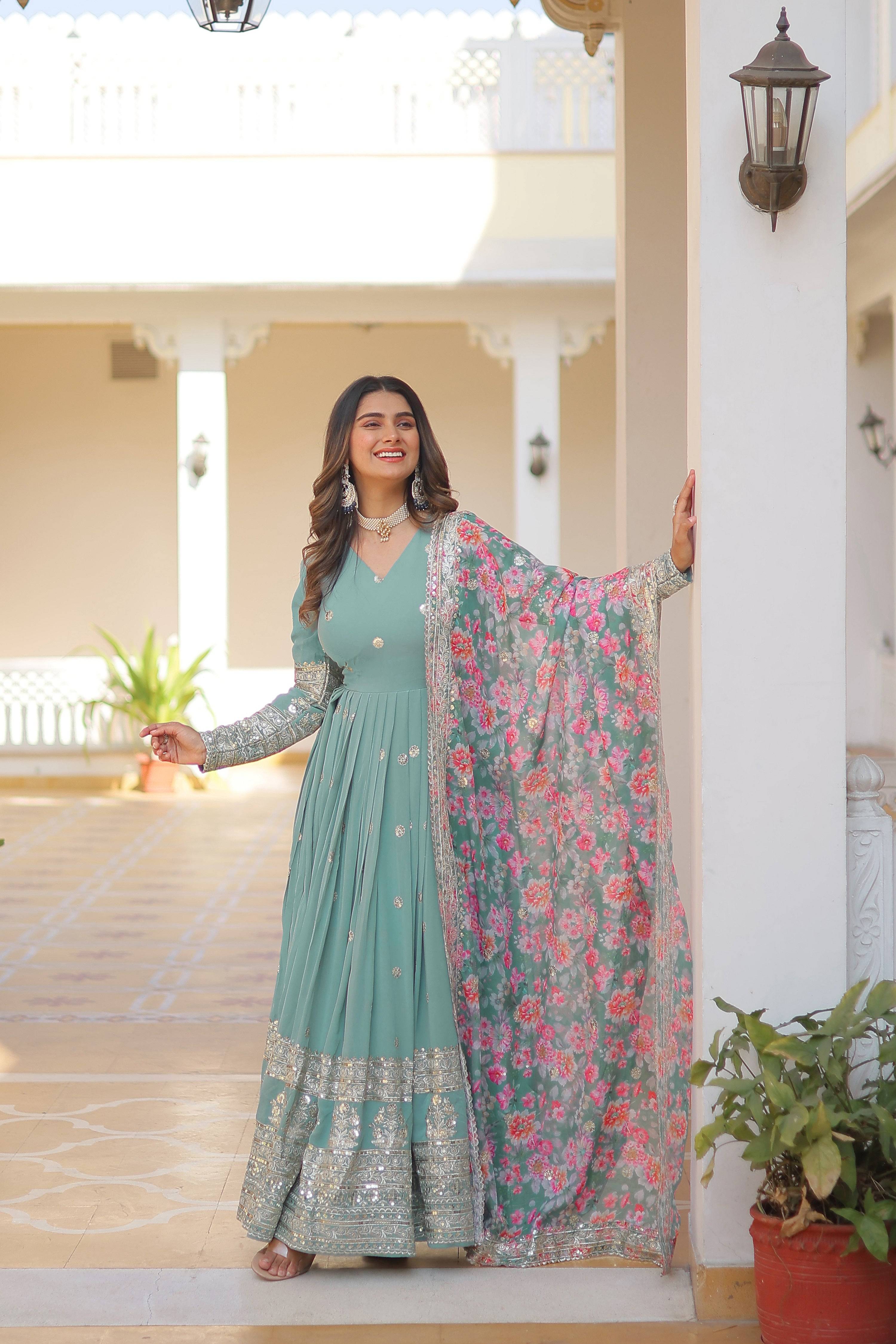 Yash Enterprise Sea Green Georgette Embroidered Long Kurti SetWith Multicolour Dupatta - Distacart
