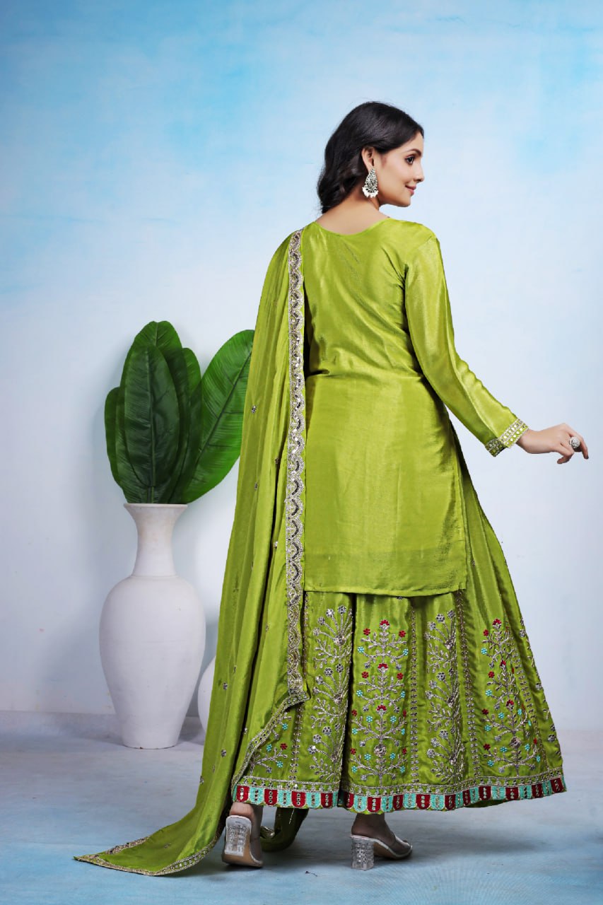 Yash Enterprise Green Chinon Silk Party Wear Embroidery Suit Set - Distacart