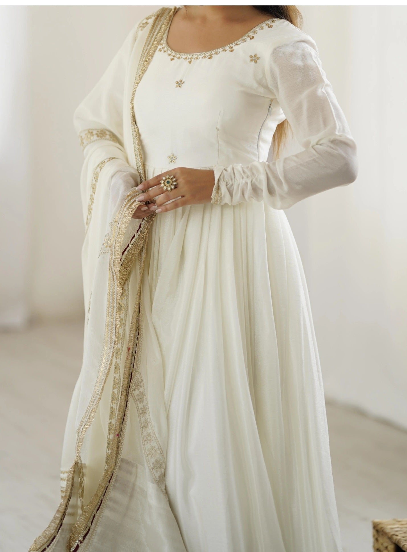 Yash Enterprise Off White Chinon Silk Party Wear Embroidery Suit Set - Distacart