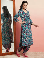 Aks Floral Printed V-Neck Pure Cotton Kurta with Salwar