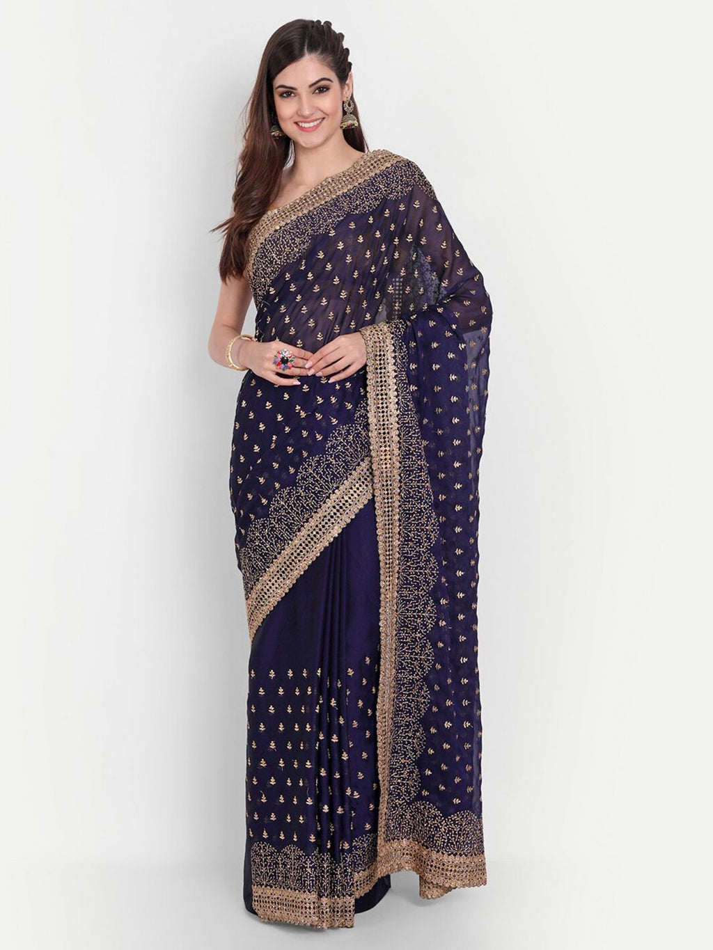 kasee Women Blue & Gold-Toned Floral Embroidered Art Silk Saree