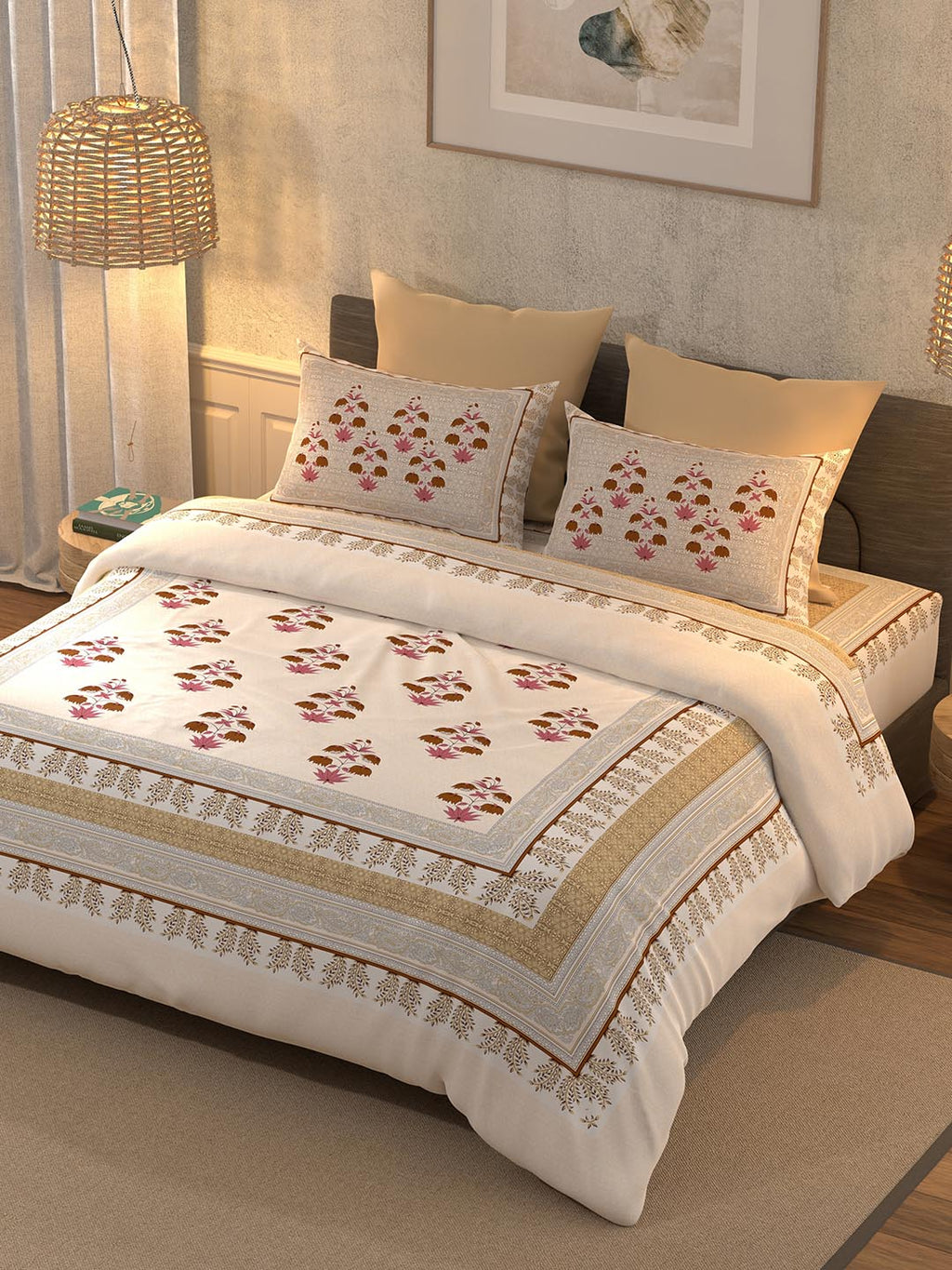 BELLA CASA Grey & Maroon Printed 350 TC Cotton King Bedsheet With 2 Pillow Covers