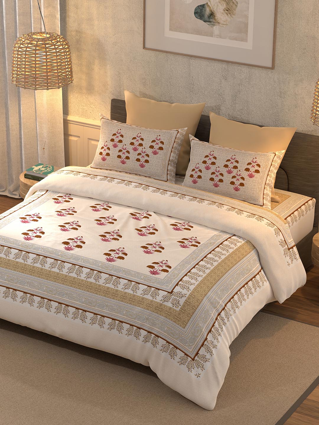 BELLA CASA Grey & Maroon Printed 350 TC Cotton King Bedsheet With 2 Pillow Covers