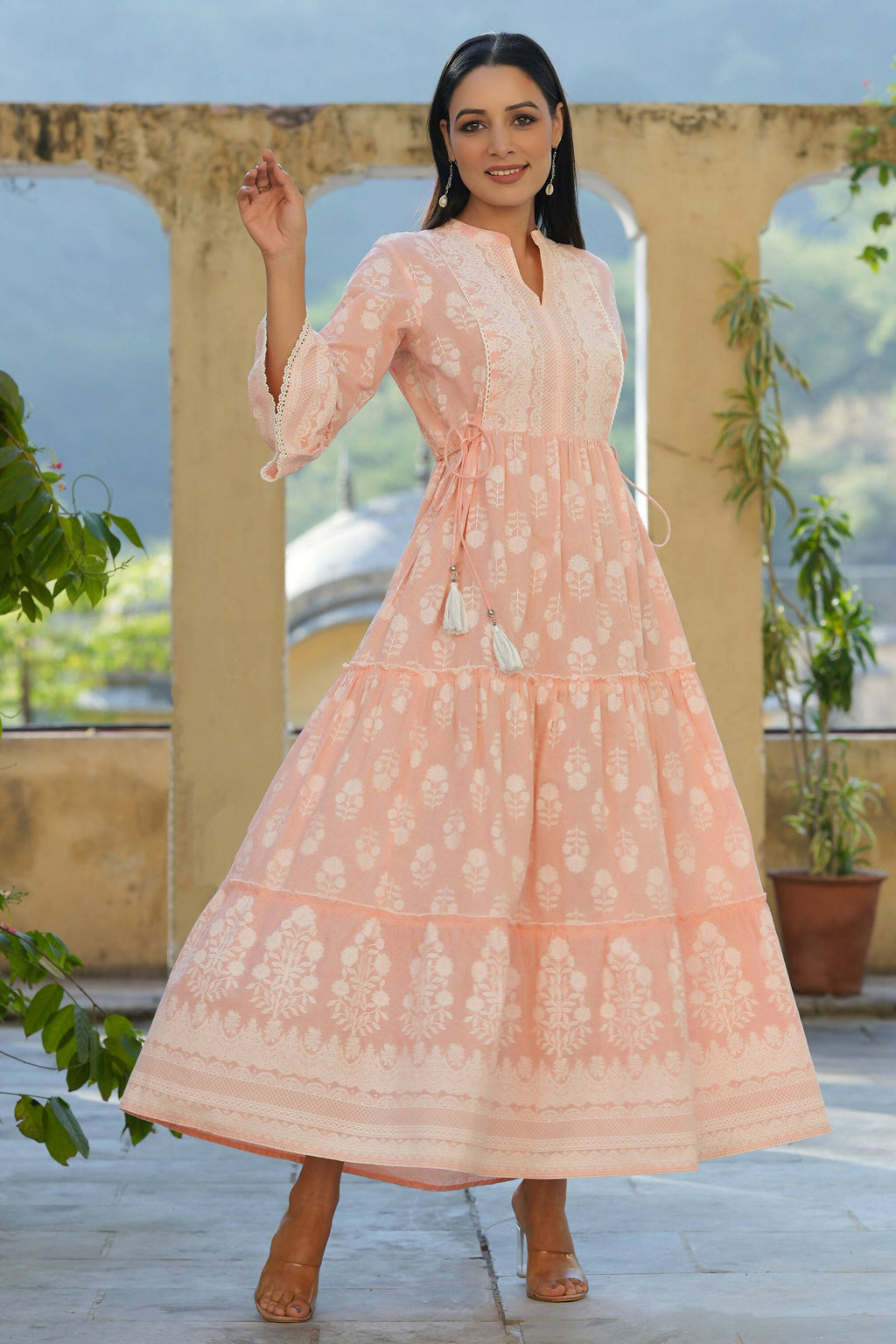Juniper Women's Peach Cambric Floral Printed Maxi Tiered Dress - Distacart