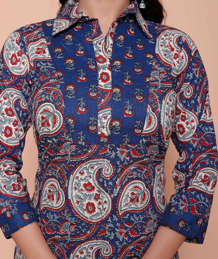 Miravan Womens Cotton Floral Printed Shirt-Collar Straight Kurta And Palazzo Set - Distacart