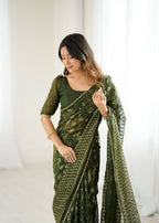 PR Fashion Mehendi Georgette Patta Plain With Foil Work And Small Lace And Zalar Lace Saree