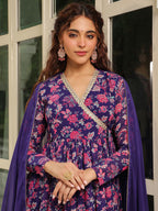Janasya Purple Georgette Floral Kurta,Bottom & Dupatta