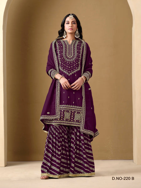 Anaita Purple Art Silk Embroidered Stitched Sharara Suit