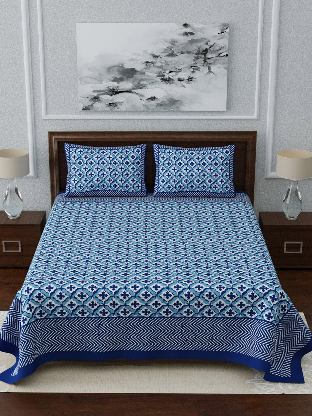 LIVING ROOTS Blue & White Ethnic Motifs 210 TC King Bedsheet With 2 Pillow Covers