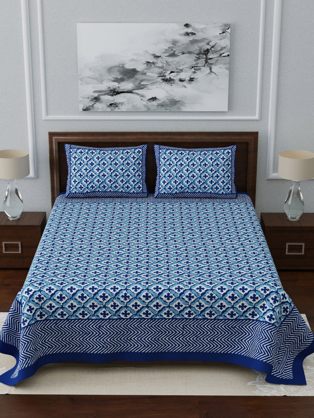 LIVING ROOTS Blue & White Ethnic Motifs 210 TC King Bedsheet With 2 Pillow Covers