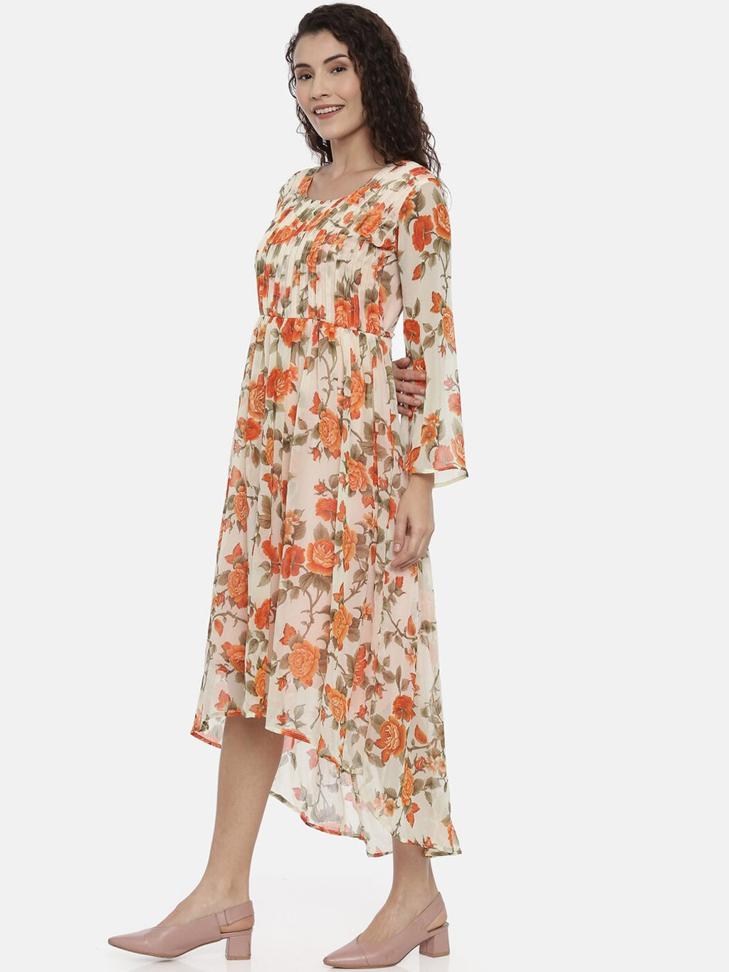 Souchii Cream-Coloured Printed A-Line Dress - Distacart