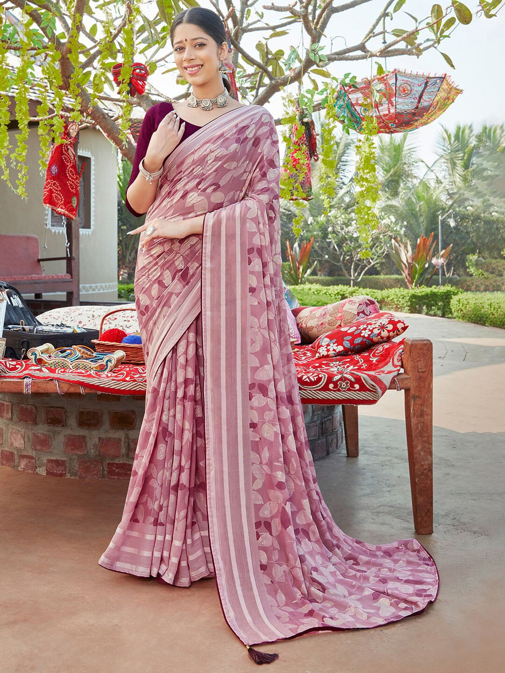 Saree Mall Floral Printed Pure Chiffon Block Print Saree - Distacart