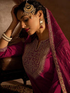 Indo Era Red Floral Embroidered Regular Kurta with Trousers & Dupatta - Distacart