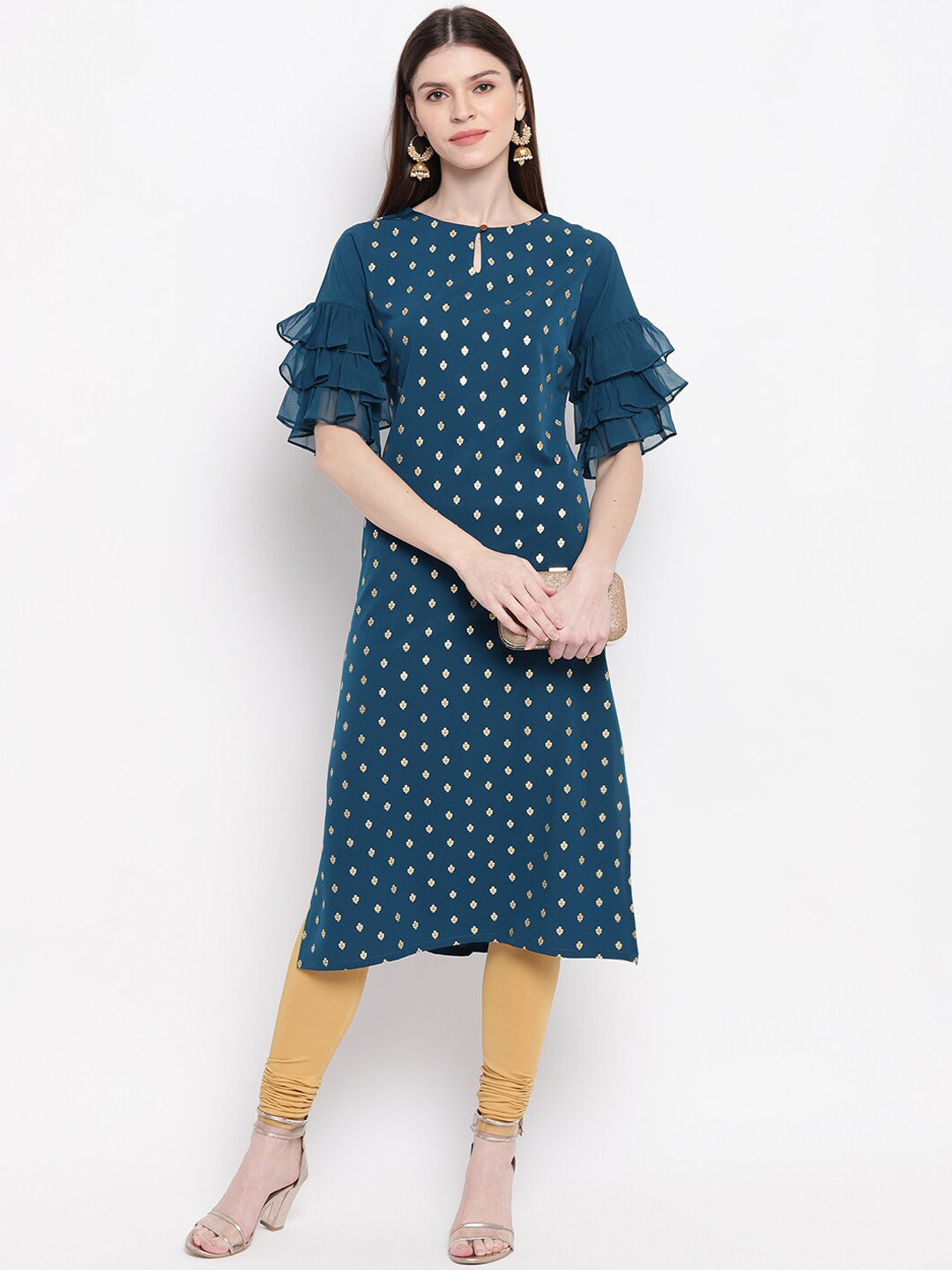 Janasya Teal Blue Geometric Printed Keyhole Neck Flared Sleeves Crepe Kurta - Distacart