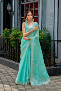 Vastranavya Turquoise Embroidery Work Shimmer Chiffon Saree with Unstitched Blouse - Distacart