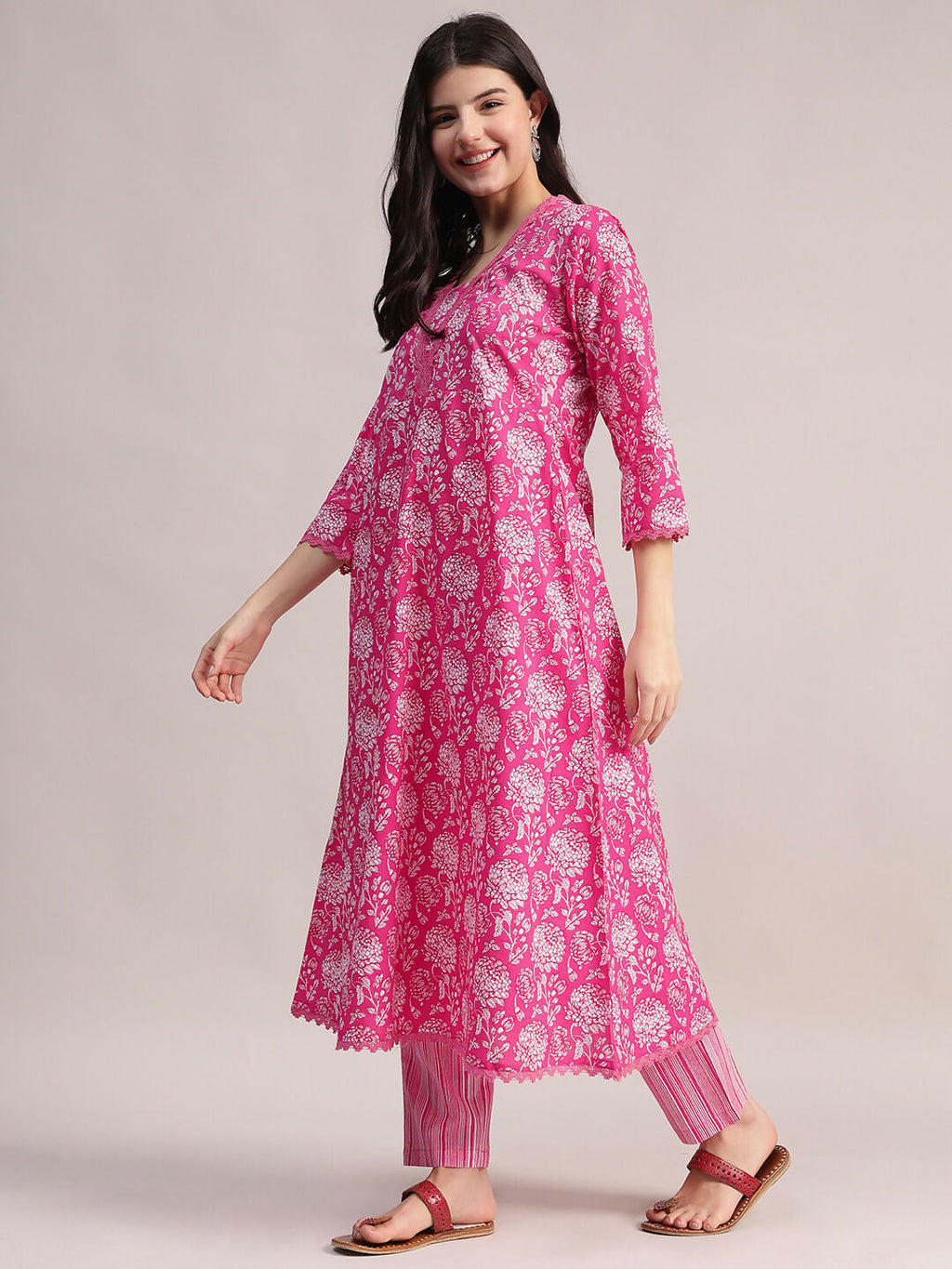 Aavyora Women's Pink Floral Print Cotton A-Line Kurta with Striped Trouser & Dupatta