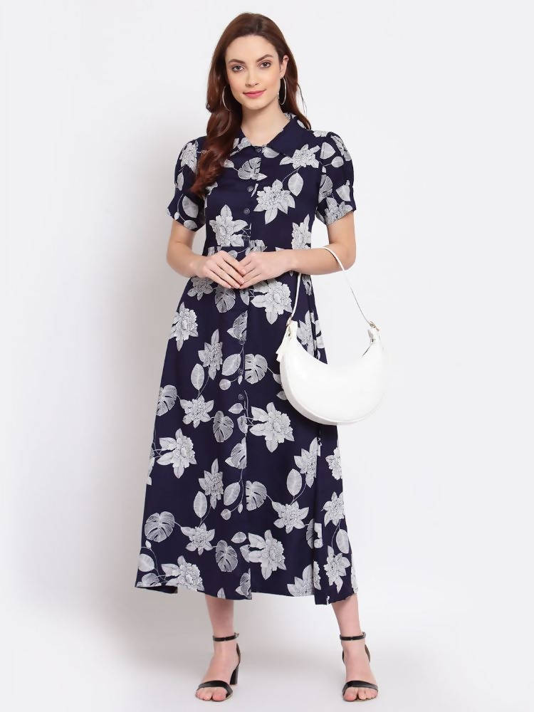 Myshka Women's Navy Blue Printed Cotton Short Sleeve Collar Neck Casual Dress