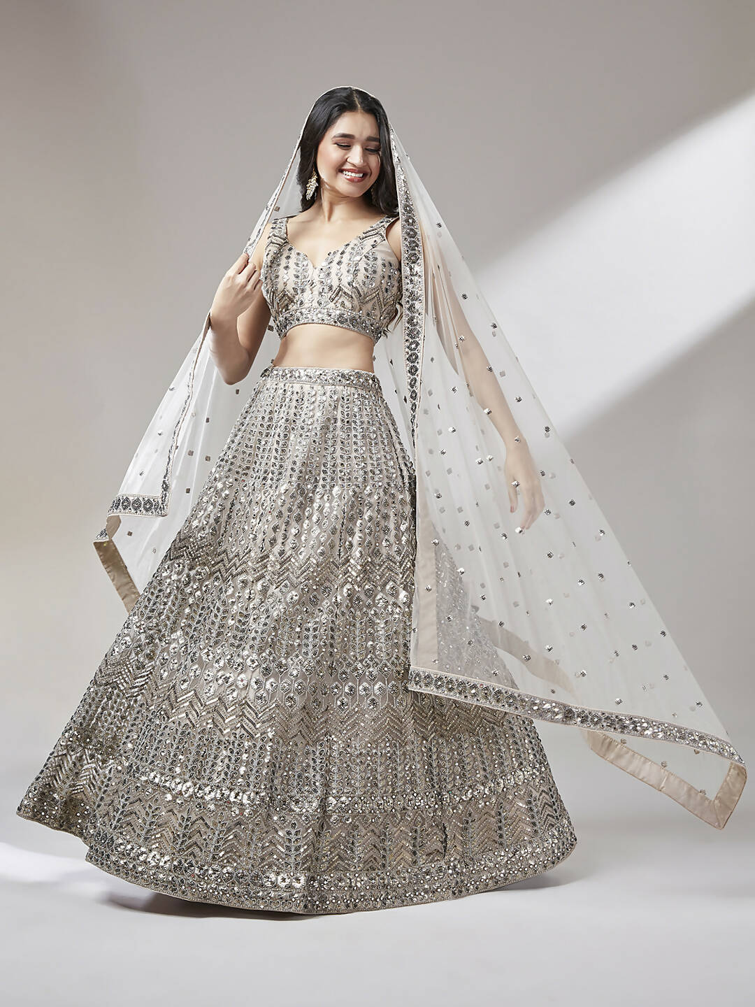 House of Panchhi Beige - Net Mirror & Sequins Embroiderey Lehenga choli