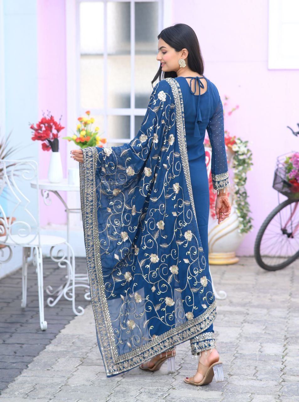 Yash Enterprise Alluring Fox Georgette Blue Embroidery Work Readymade Salwar Suit - Distacart
