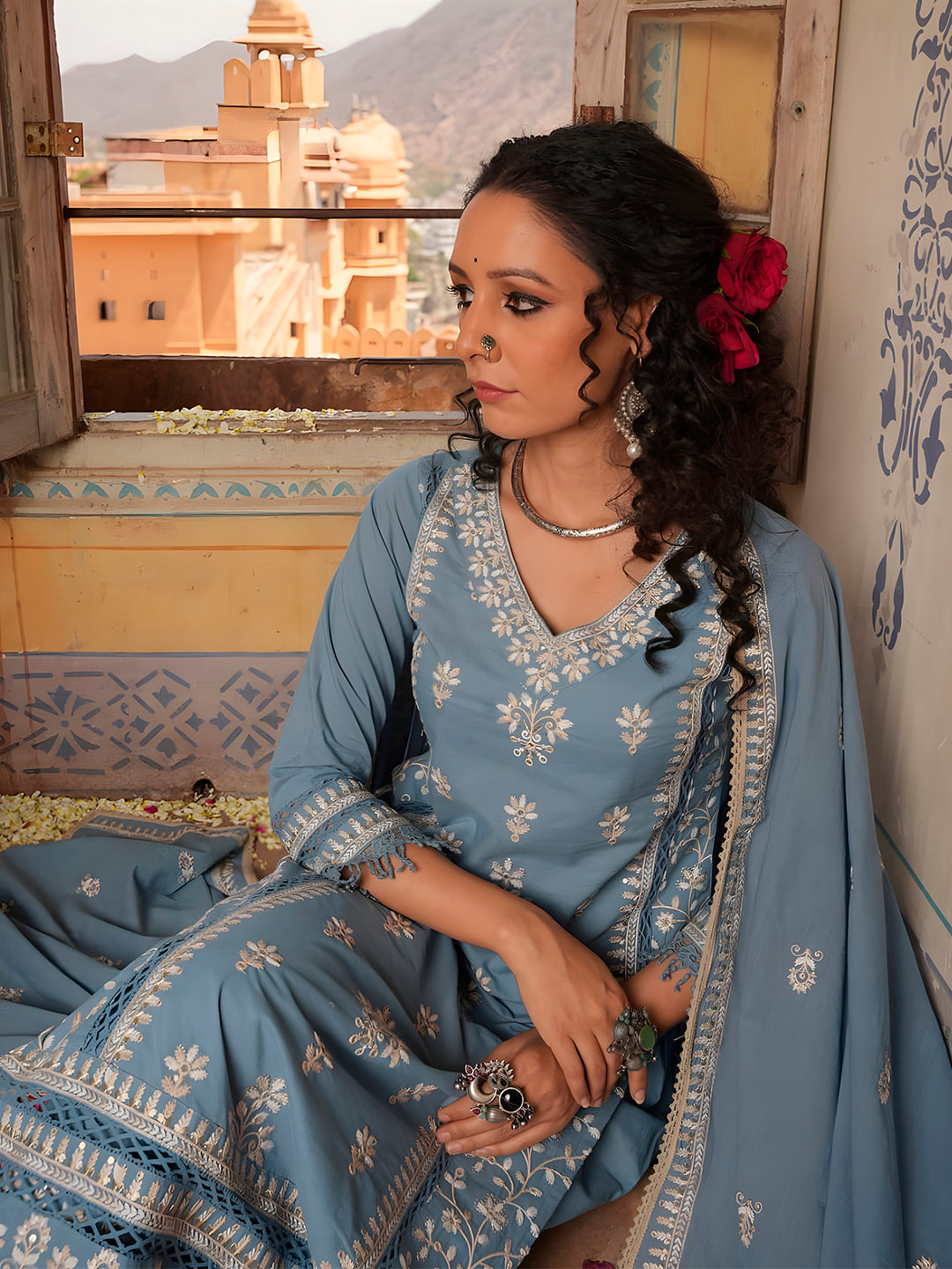 Embroidered & Lace Detailed Kurta With Pant & Embroidered Dupatta Luxury, Multicolor - Hiral Fashion - Distacart
