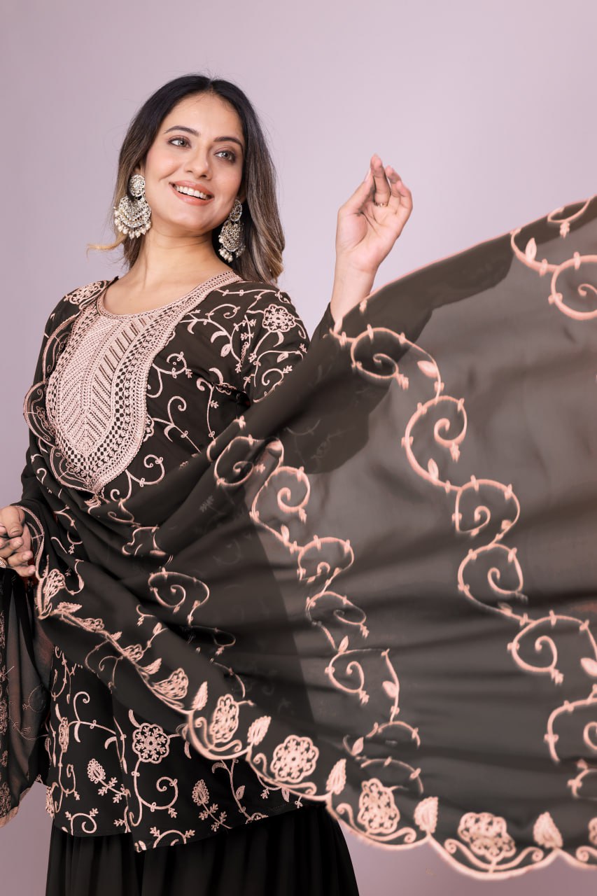 Yash Enterprise Black Chinon Silk Party Wear Embroidery Suit Set - Distacart