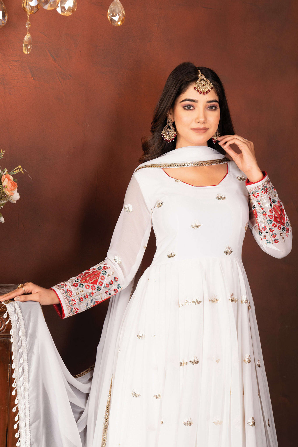 Yash Enterprise White Faux Blooming Embroidery Party Wear Suit Set - Distacart