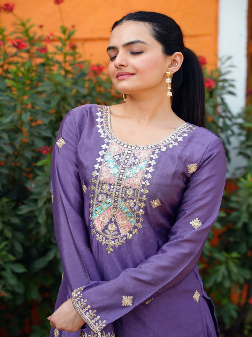 Yash Enterprise Purple Chinon Silk Party Wear Embroidery Suit Set - Distacart