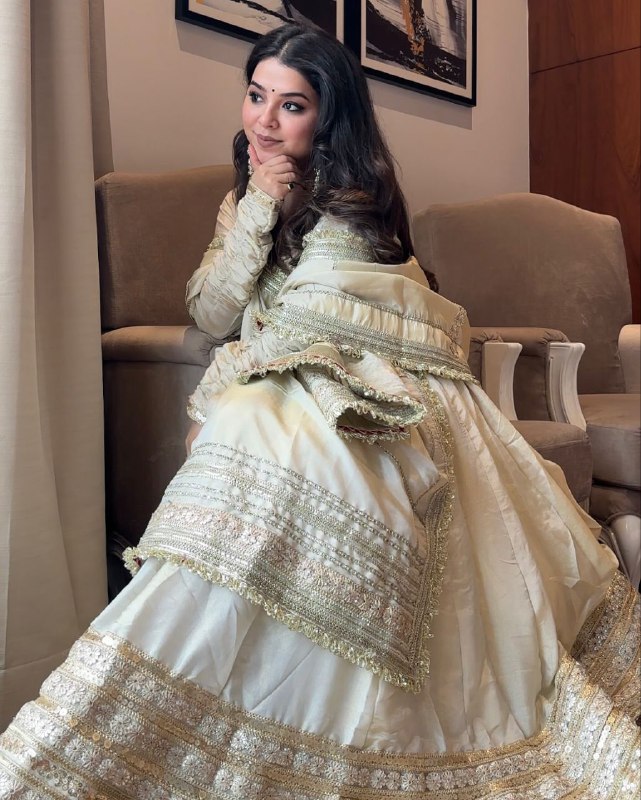 Yash Enterprise Of White Chinon Silk With Embroidery Zari Sequins-Work - Distacart