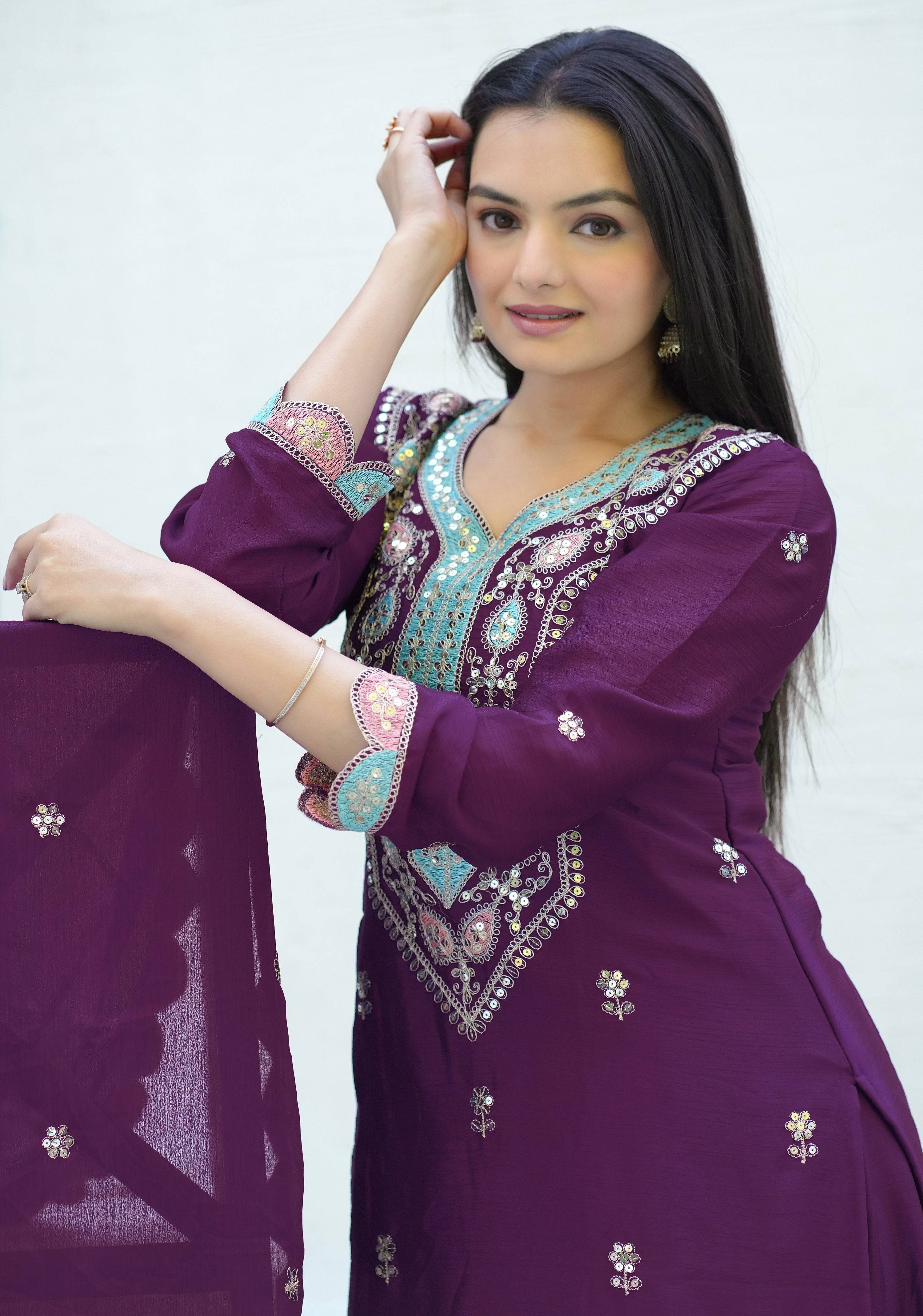 Yash Enterprise New Designer Embroidered Chinon With Sequence Maroon Readymade Salwar Suit - Distacart
