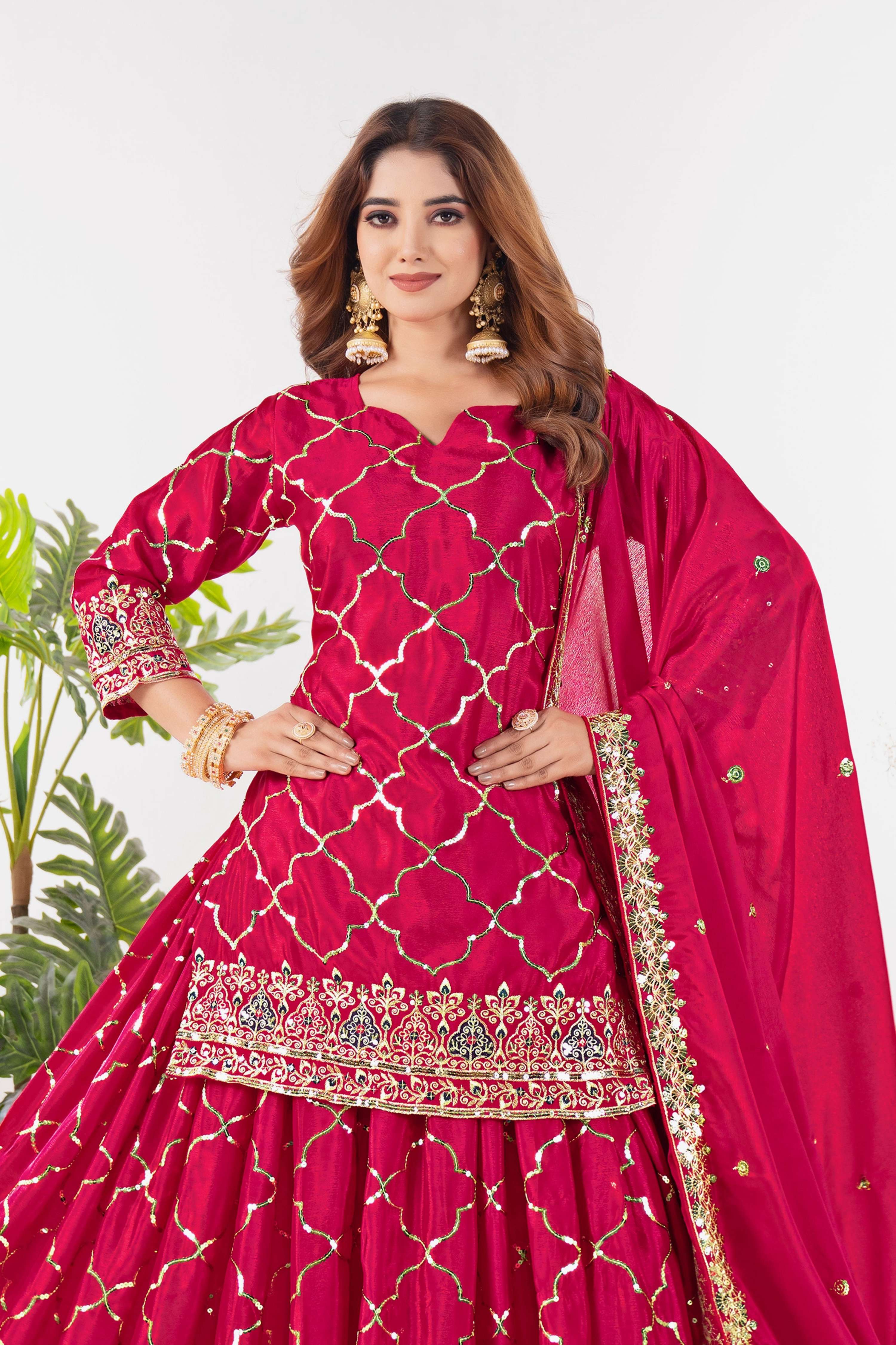 Yash Enterprise Red Chinnon Silk Embroidery Party Wear Suit Set - Distacart