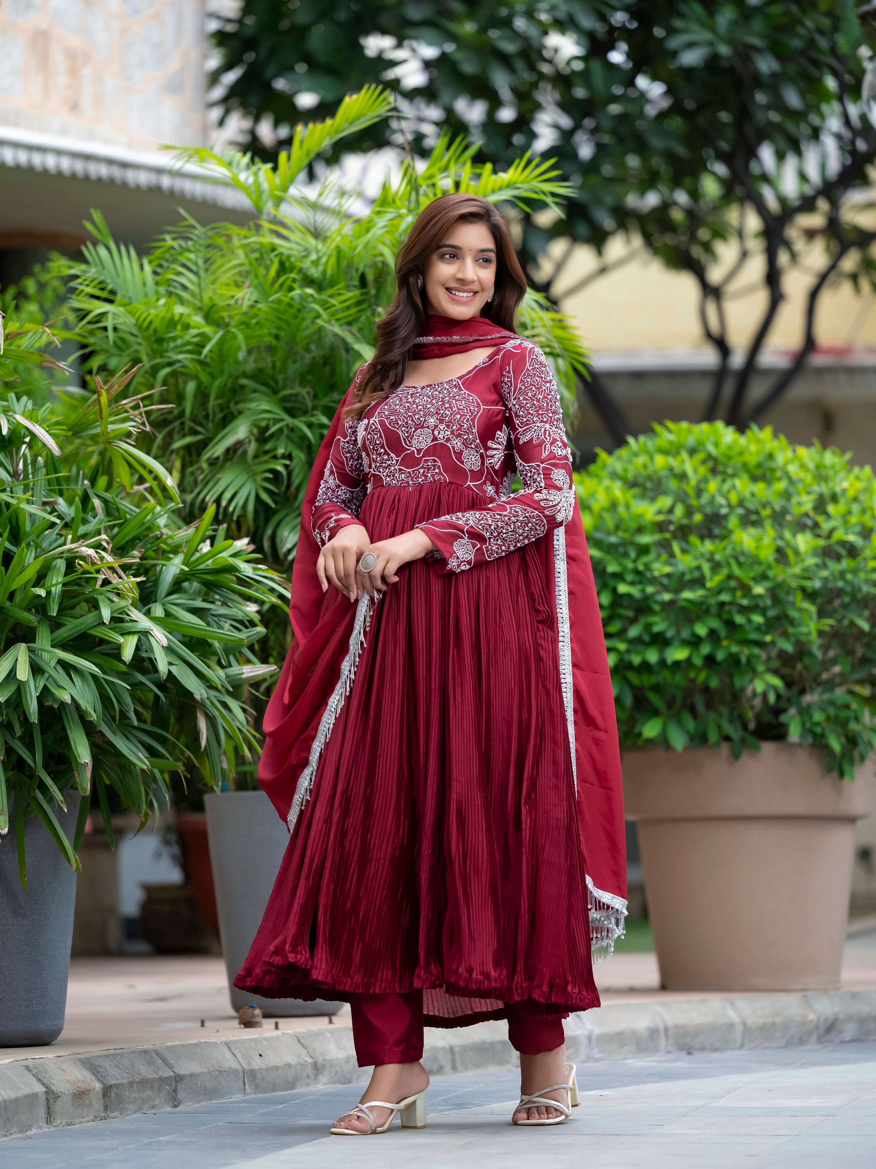 Yash Enterprise Maroon Chinon Silk Party Wear Embroidery Suit Set - Distacart