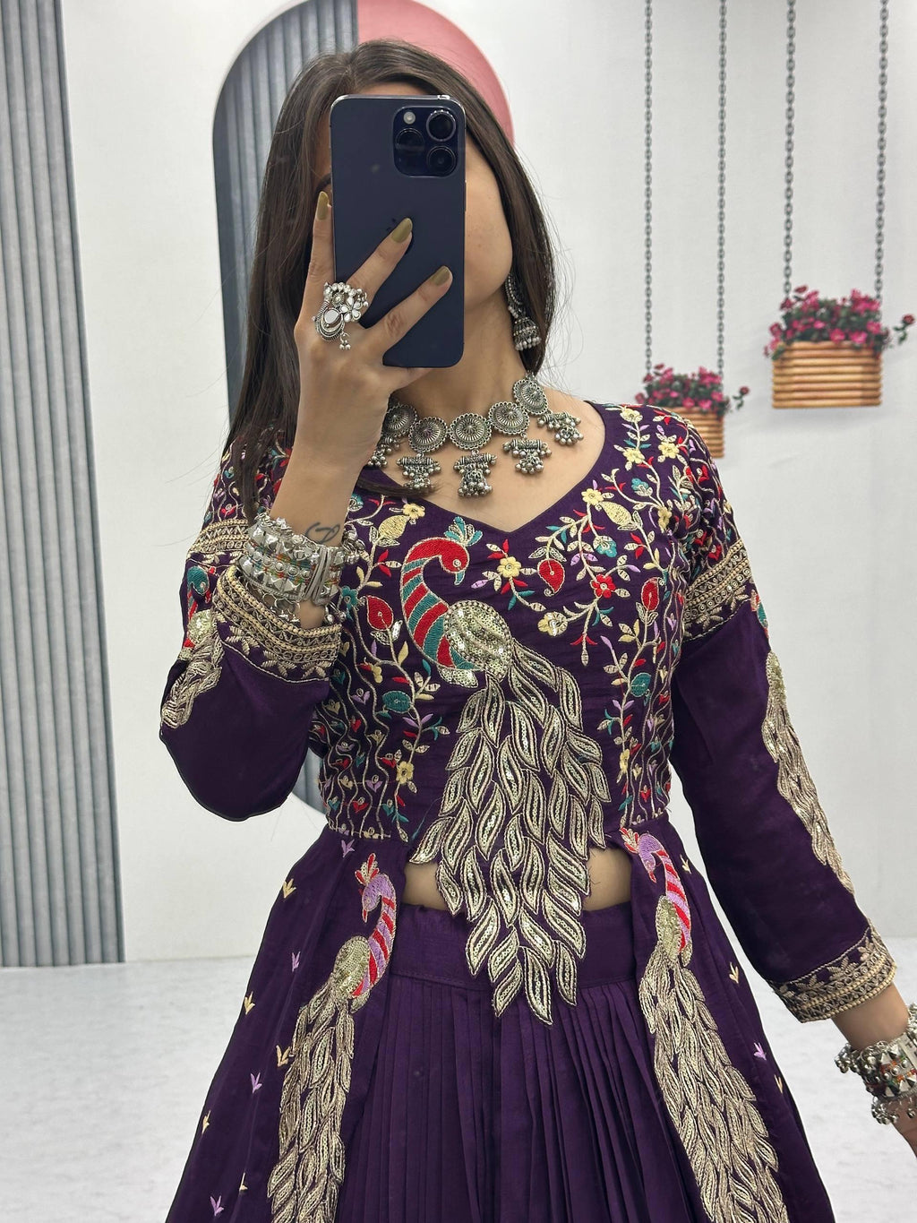 Yash Enterprise Purple Vichitra Silk Party Wear Embroidery Crop Top With Blouse Lehenga Choli - Distacart