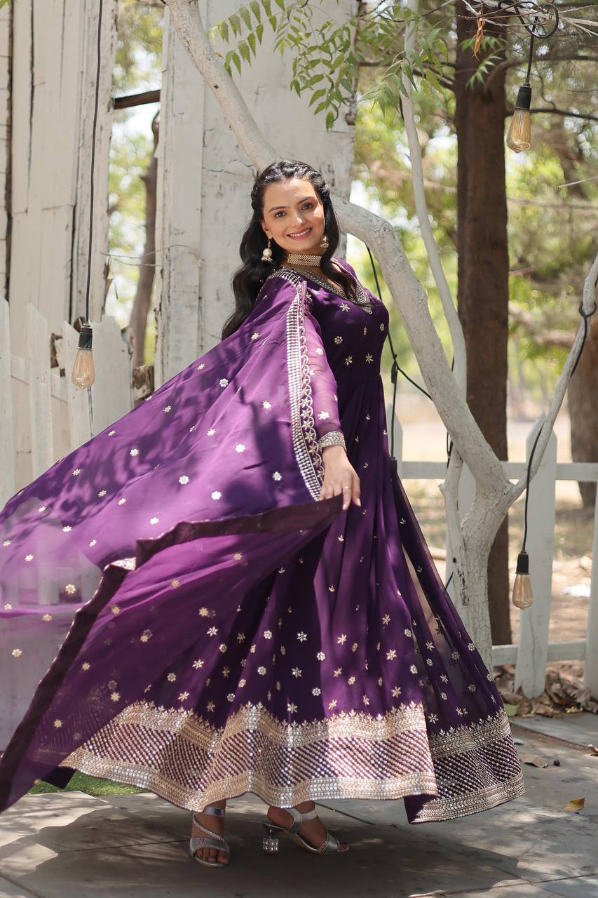 Yash Enterprise Purple Heavy Fux Blooming Embroidery Party Wear Suit - Distacart