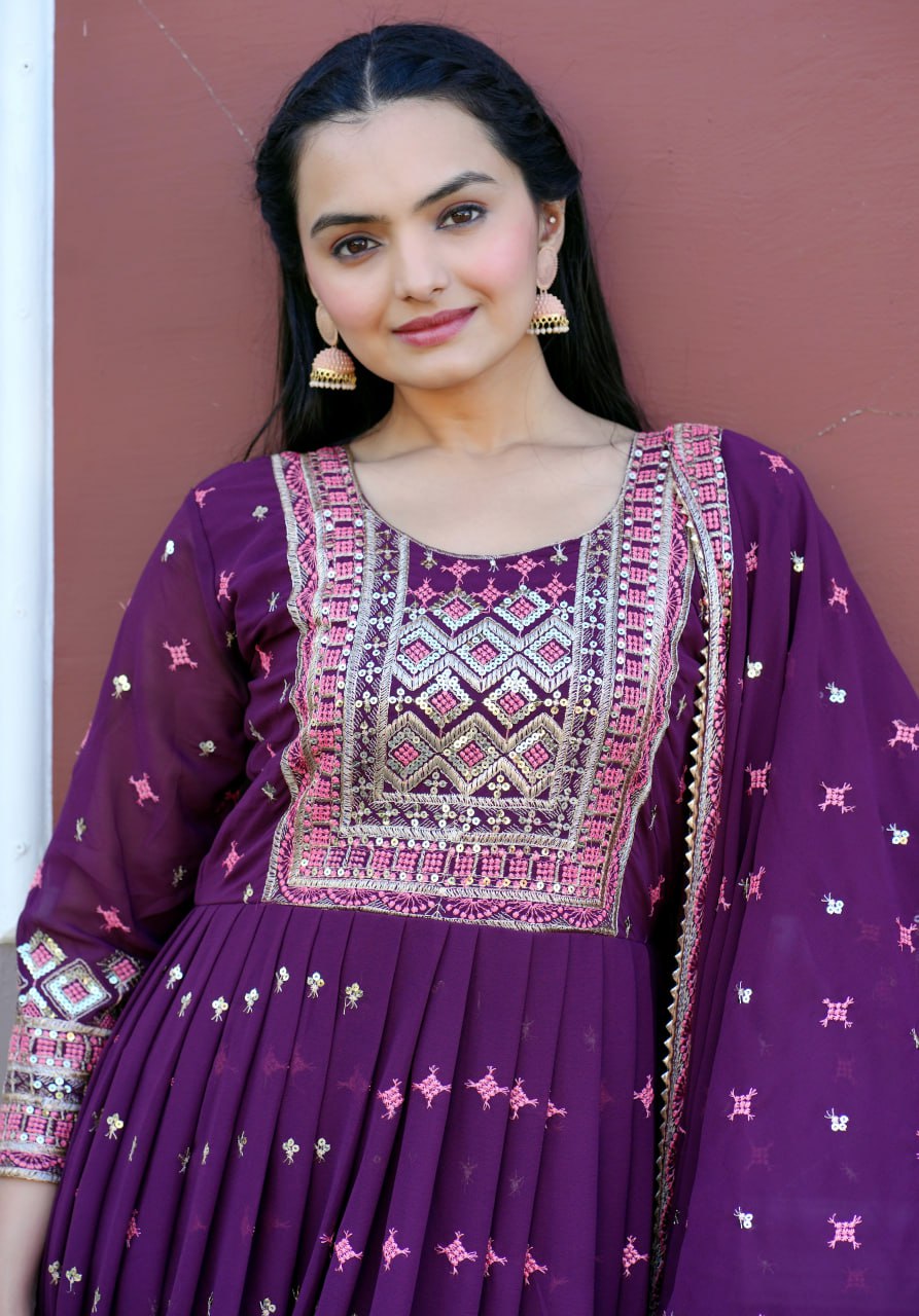 Yash Enterprise Wine Georgette Party Wear Embroidery Party Wear Suit Set - Distacart