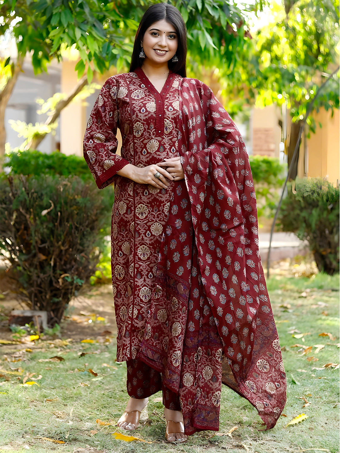 Hand Embroidered & Floral Printed Lace Detailed Kurta With Printed Pant & Dupatta Premium Luxury, Multicolor - Hiral Fashion