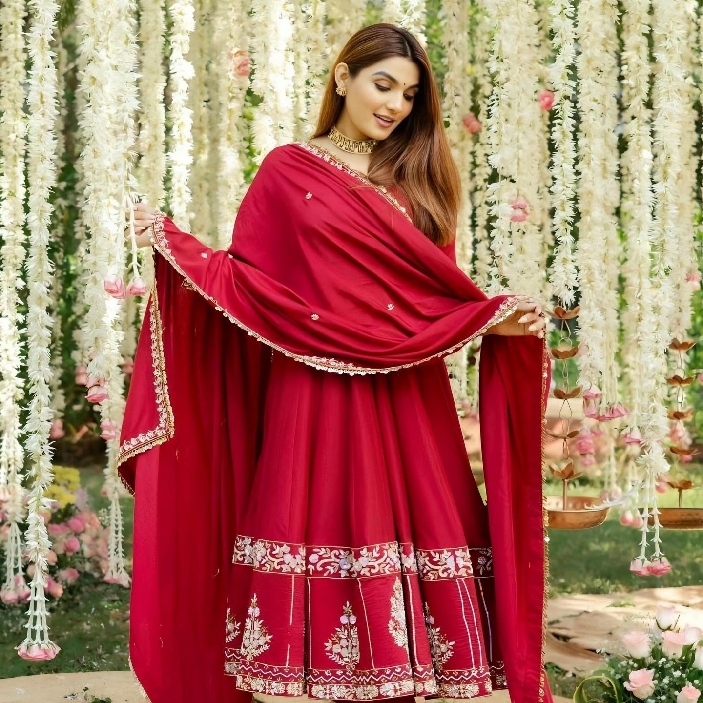 Yash Enterprise Red Roman Silk Embroidery Suit Set - Distacart