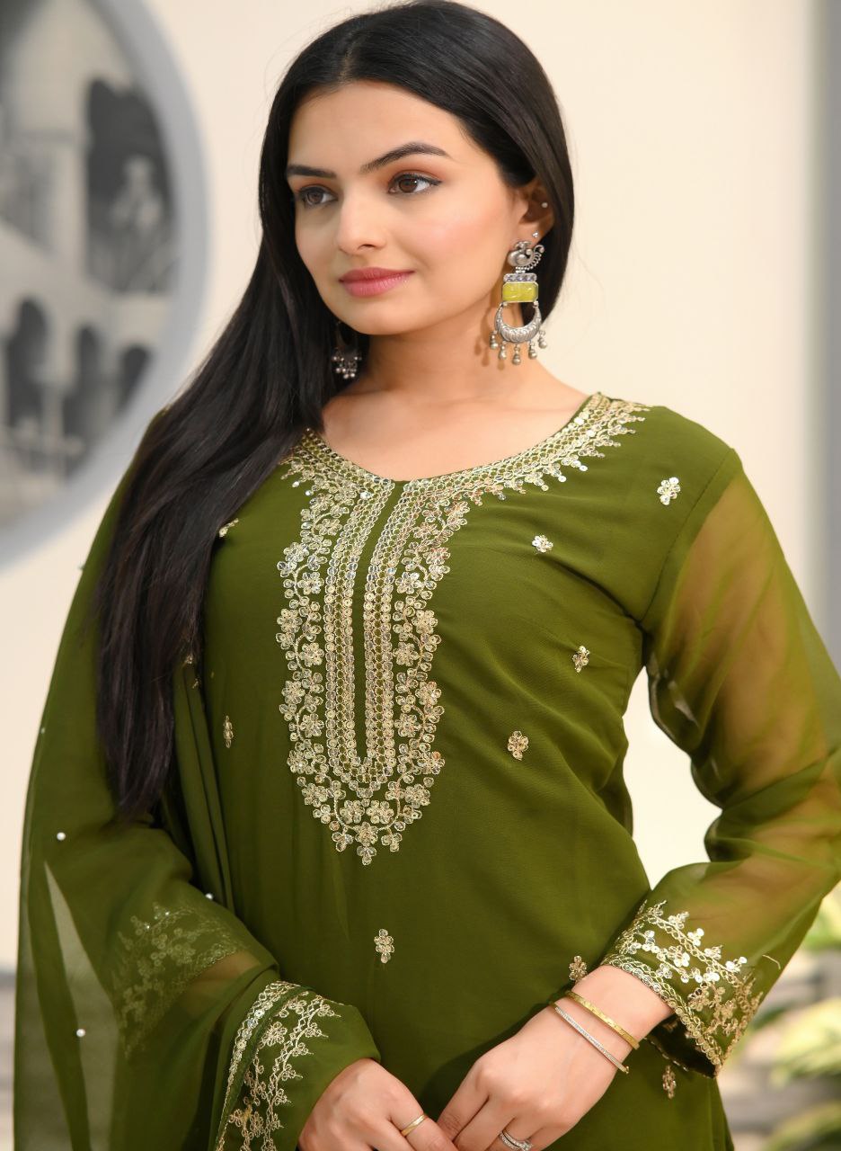 Yash Enterprise Alluring Fox Georgette Olive Embroidery Work Readymade Salwar Suit - Distacart