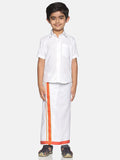 Sethukrishna Boys White Pure Cotton Solid Shirt and Veshti Set